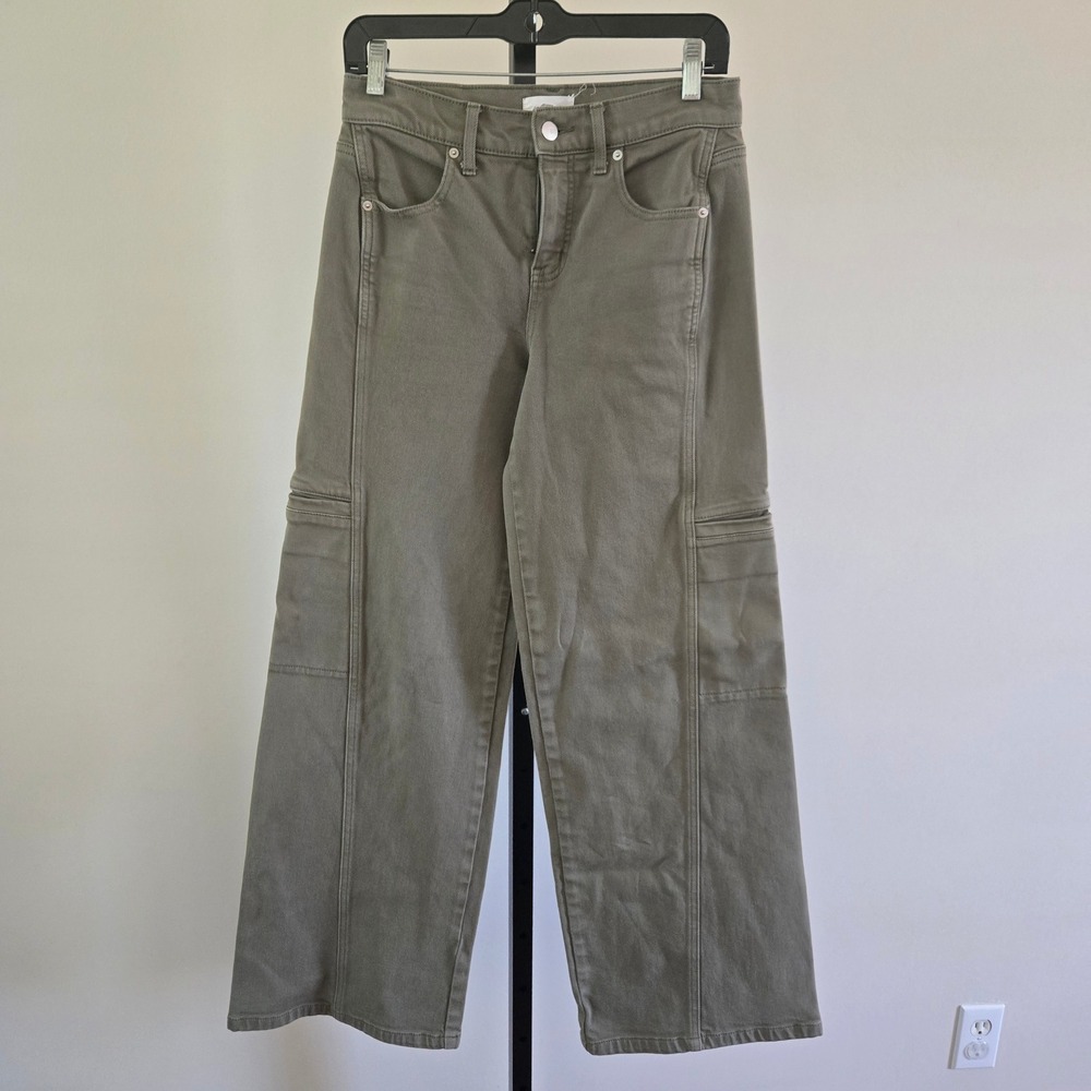 Evereve Carey Olive Green Wide Leg Cargo Pants 26 High Rise Utility Denim Casual